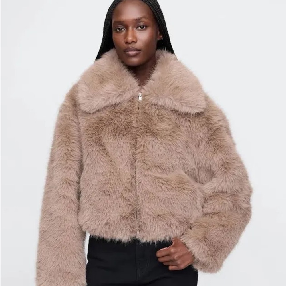 Gap faux fur bomber jacket taupe beige